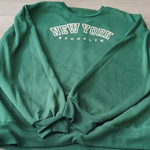 Green New York Brooklyn Embroidered Crewneck Sweatshirt Oversized Pullover